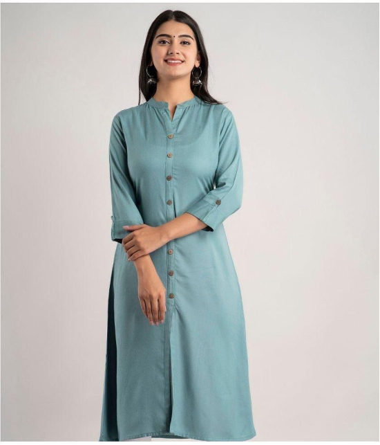 MAUKA - Turquoise Rayon Women''s Front Slit Kurti ( Pack of 1 ) - None