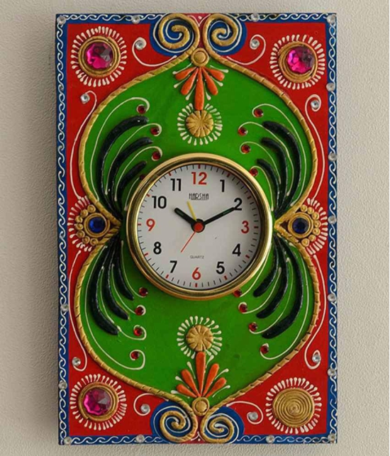 eCraftIndia Pink & Green Wooden Papier Mache Embossed Wall Clock