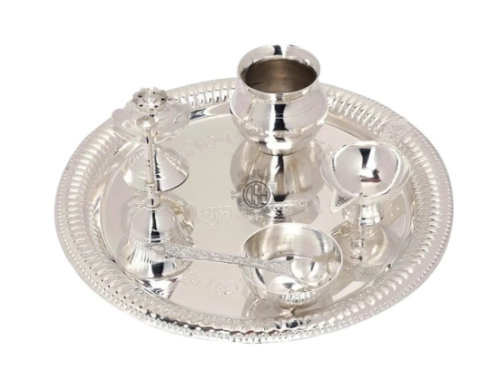 Pooja Thali Set silver plated of 7 Pcs with Velvet Gift Box Packing for Poojan Purpose Home Temple