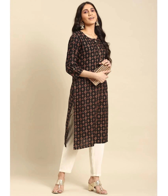 Rangita Women Rayon Black Gold Printed Calf Length Straight Kurti - None