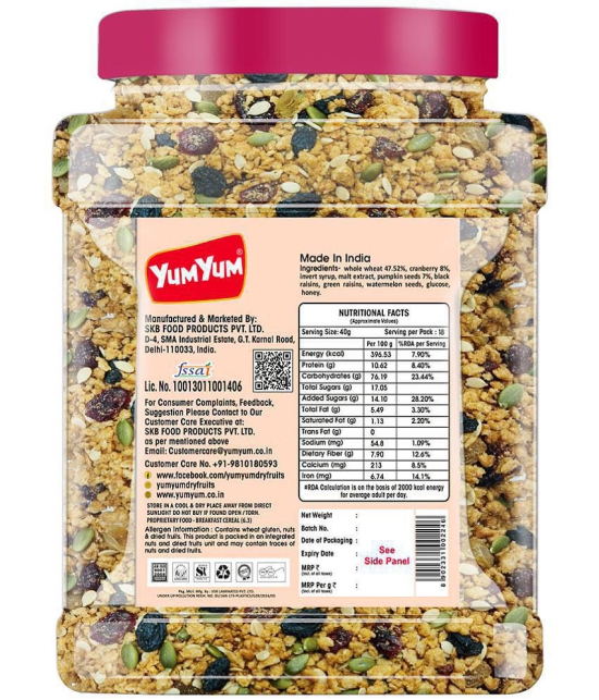 Yum Yum Seeds & Berries Muesli 750g | Whole Grain, Raisins, Cranberries, Watermelon Seeds, Pumpkin Seeds | High Source of Protein | Instant Breakfast Cereal | High in Fiber | Source of Calci