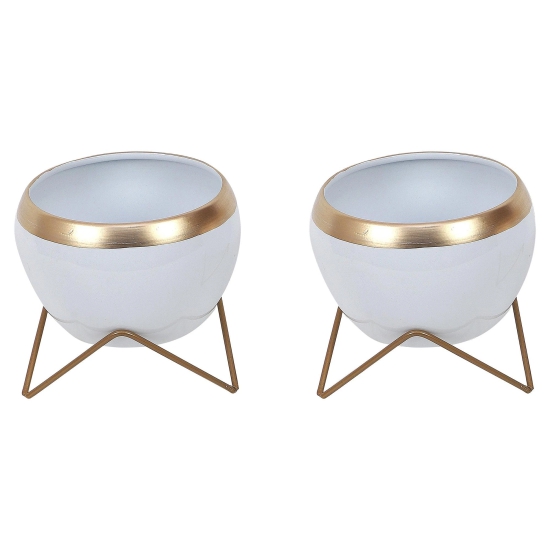 Apple Shape Metal White & Gold Planter (Set of 2)-White & Gold