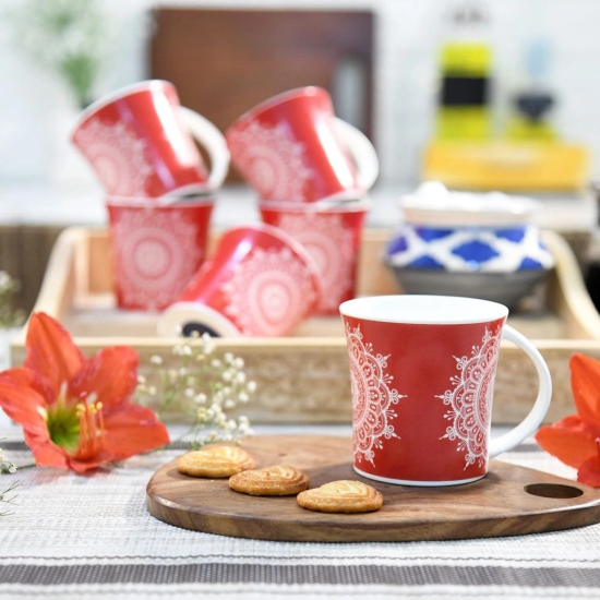 Femora Eternal Circle Tea Cups, Ceramic Tea Cups, Coffee Mugs (160 ml) - 6 Pcs Set (Red)