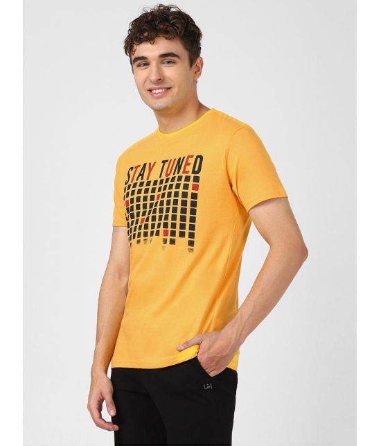 UrbanMark Men 100% Cotton Regular Fit Round Neck Half Sleeves Text Print T Shirt-Mustard - 2XL