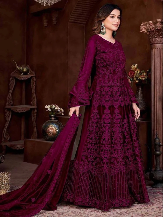 A TO Z CART Wine Flared Net Womens Semi Stitched Ethnic Gown ( Pack of 1 ) - None