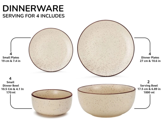 Handcrafted Stoneware Reactive Glaze Ceramic Dinner Set, 14 Pieces Serving for 4, Microwave and Dishwasher Safe, Bone-ash Free, Crockery Set for Dining and Gifting, Beige Speckeld