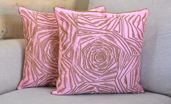 Decorative Rose Pattern Golden Beads Hand Embroidered Luxurious Cushion Cover Size 16x16