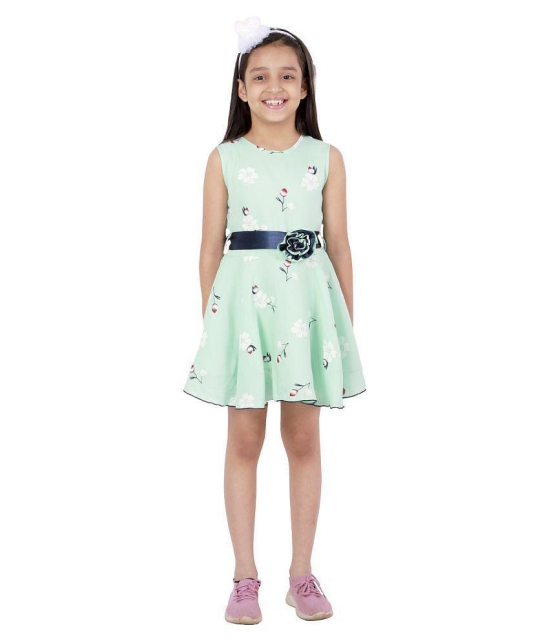 Kids Cave Dress For Girls Fit And Flare Round Neck Knee Length Navy Blue Satin Waist Belt With Flower Fabric Rayon (Color Light Green Size 3-12 Years) - None