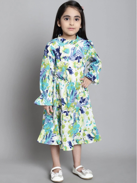 MINI & MING Girls Floral Print Mock Neck Bell Sleeves Crepe Fit & Flare Midi Dress