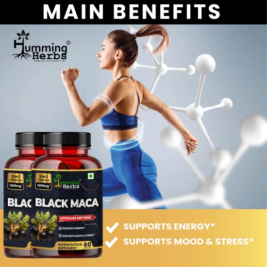 Humming Herbs Black Maca Root Extract 1300mg - Boosts Energy & Stamina, Supports Mood & Hormonal Balance - Mens & Womens Health Supplement - Pack of 2