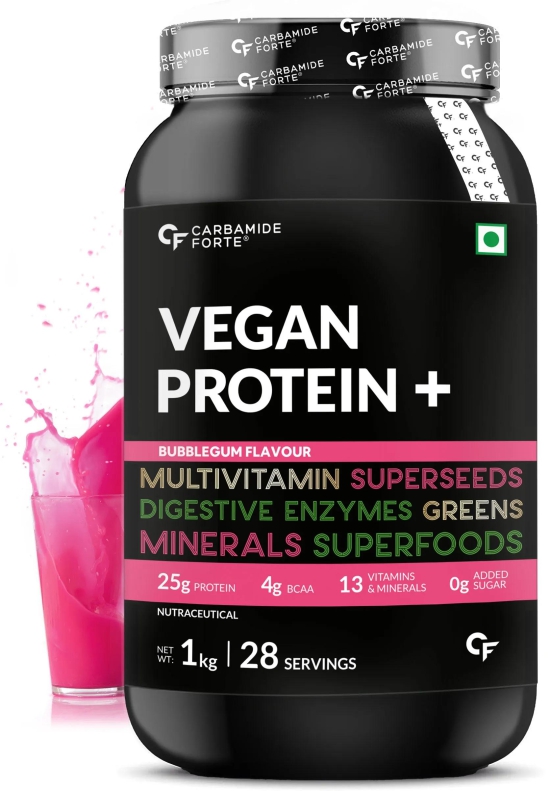 Carbamide Forte Vegan Protein Powder - Plant Based Pea Protein Powder with Multivitamin, Minerals, Superfoods, Digestive Enzymes - Bubble Gum Flavour - 1Kg