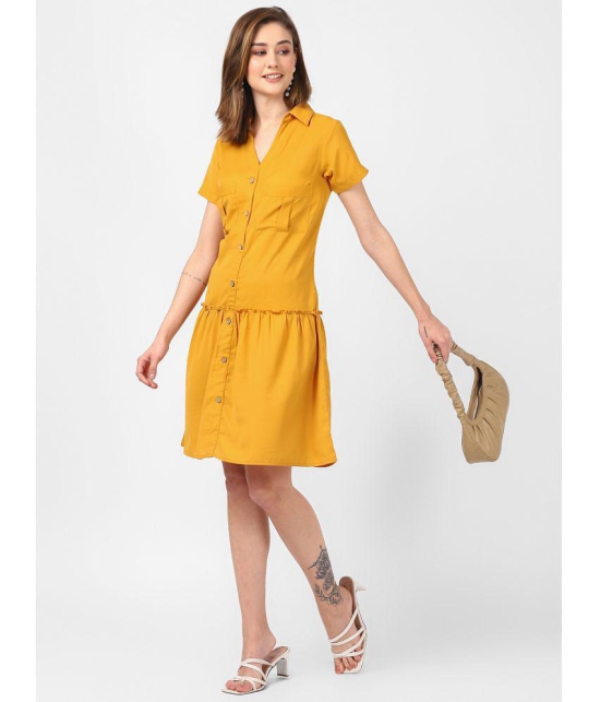 UrbanMark Women Solid Half Sleeves Knee length Shirt Dress - Mustard - None