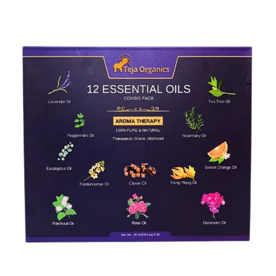 Teja Organics Essential Oils (Eucalyptus, Lavender, Peppermint, Rosemary, Teatree, Sweet Orange, Frankinsence, Clove, Rose, Ylang Ylang, Geranium, Patchouli)