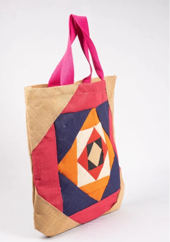 Handmade Patchwork Jute Tote Bag with Pink Handles