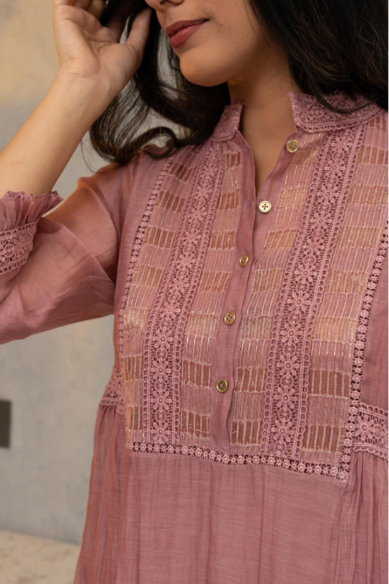 Dusky Pink Chanderi shirt, with gold striped tissue side yokes.-S