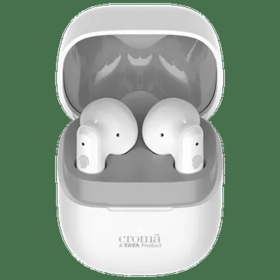 Croma TWS Earbuds with Environmental Noise Cancellation (Waterproof, Fast Charging, White and Grey)