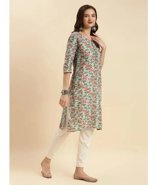 Rangita Women Sea Green Cotton Printed Knee Length Straight Kurti - None