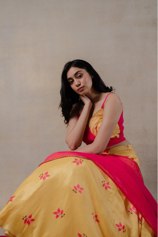 Pink and Yellow Phulkari lehenga Set-2XL