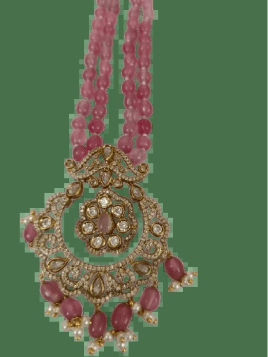 Pink Beaded Necklace with Gold and Diamond Pendant