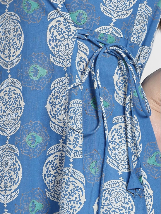 Blue Block Printed Cotton Kurta-3X Large