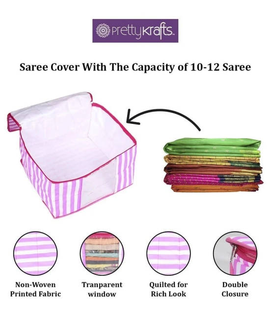 PrettyKrafts 3 layered Quilted saree Cover Bag/wardrobe organizer with transparent window (Pack of 12), Pink Stripes