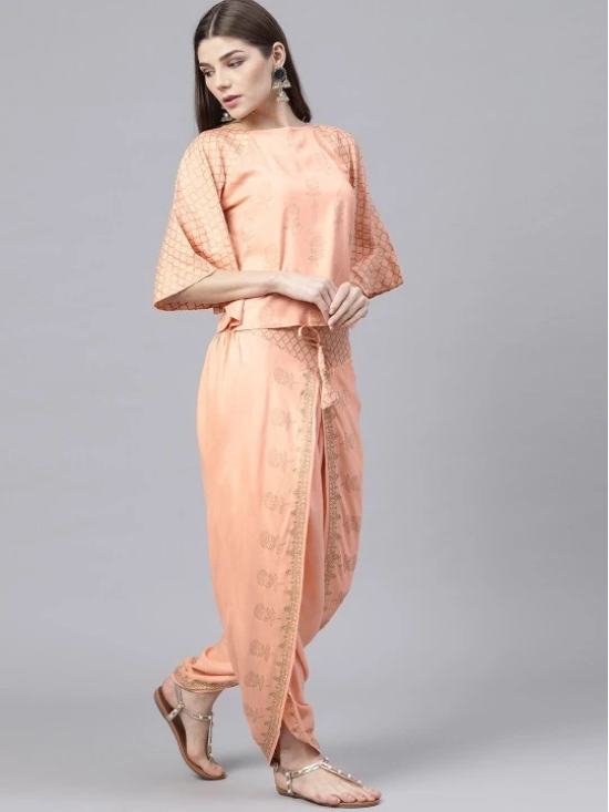 Peach-Coloured & Grey Printed Block Print Top with Dhoti Pants