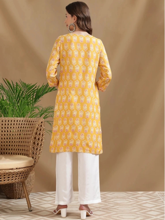 Rangita Women Yellow Rayon Printed Knee Length Straight Kurti - None