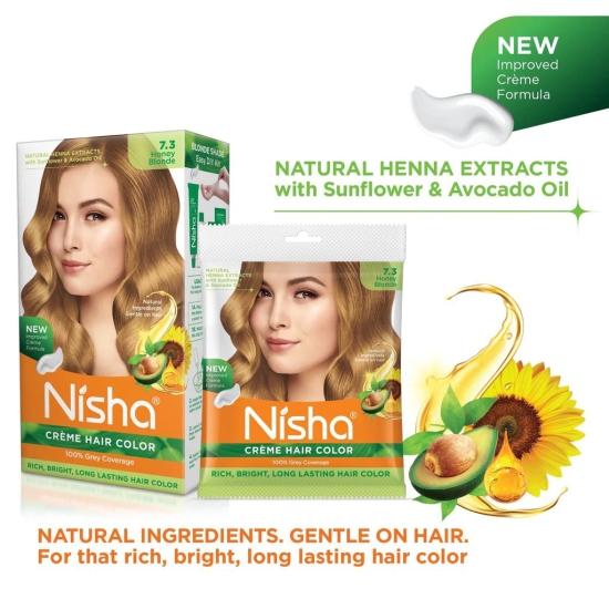 Nisha Creme Hair Color Combo Pack 7.3 Honey Blonde (120g Box & 40g Pouch), Permanent Hair Colour for Women & Men