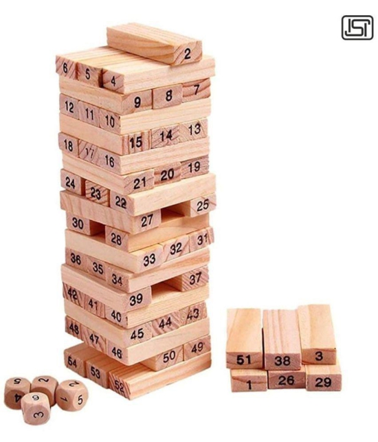 thriftkart Wooden Blocks Challenging 48pc Wooden Tumbling Tower with 4 Dices, Challenging Maths Game for Adults and Kids - Multi-Colour