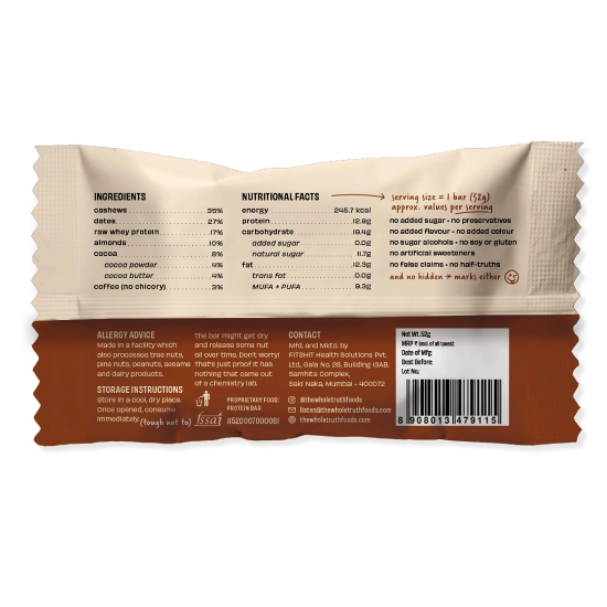 The Whole Truth Twt Coffee Cocoa Protein Bar, 52 Gm