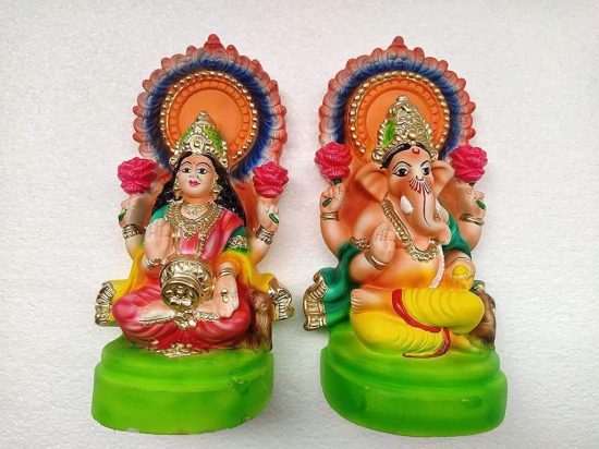 KSI Laxmi Ganesh Idol Statue for Diwali Laxmi Puja Made of Clay, mitti (Size: 15 cm Height x 9 cm Width)