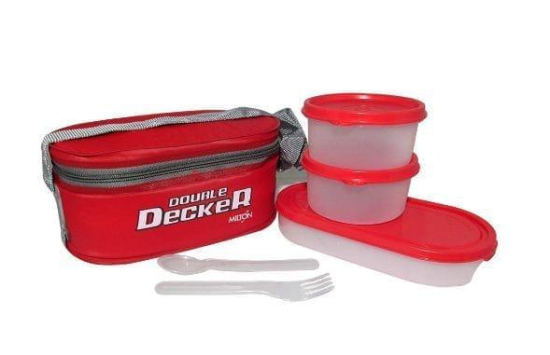 Milton Double Decker Lunch Box, (3 Plastic Container) Red / PINK / BLUE