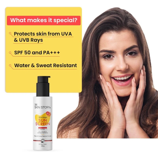 Moringa SPF 50 PA+++ Sunscreen, UVA UVB Protection, Sweat Resistant, No White Cast (100 GM)