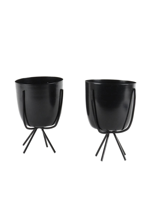 Black Metal Planter with Stand (Set of 2)-Black