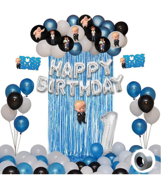 Party Propz Boss Baby Theme Decorations 1st Birthday Combo Set - 43Pcs Happy Birthday Silver letter Foil Balloon, Metallic Balloons, Boss Baby Character, Foil Curtain, Number 1 Foil Balloon 