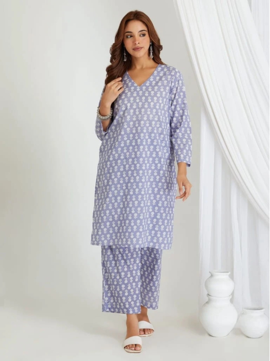 BREATHABLES Women Cotton Printed Loungewear Kurta and Pants Co-ord Set 3/4 Sleeve V Neck Comfort Loose Fit Lavender I Night Wear | Co-ord set | Lounge Wear Set