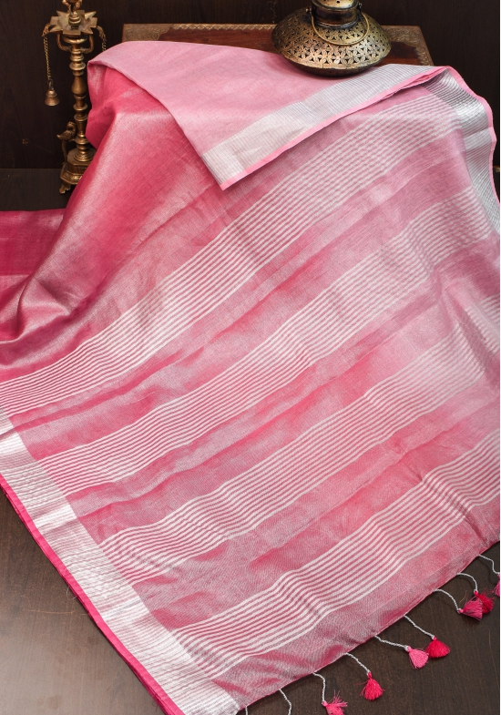 Pink and Baby pink Ombre Silver Tissue Linen Saree with Silver Ribbed Borders