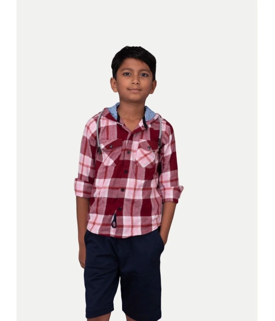 Radprix Boys Beige & Red Check Hooded Yarndye Shirt: A Fashionable Statement for Young Trendsetters. This Shirt Features a Classic Beige and Red Check Pattern, Perfect for Adding a Pop of Co