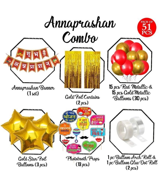 Zyozi ® Shubh Annaprashan Decorations Item | Baby Rice Ceremony Decorations| Rice Ceremony Decorations Combo - Banner, PhotoBooth Props, Foil Balloons (Pack Of 51) - Red