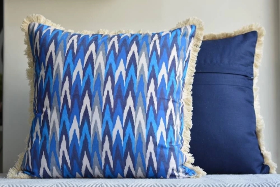 Ikat Design Printed Blue Colour Cushion Cover Size 16x16