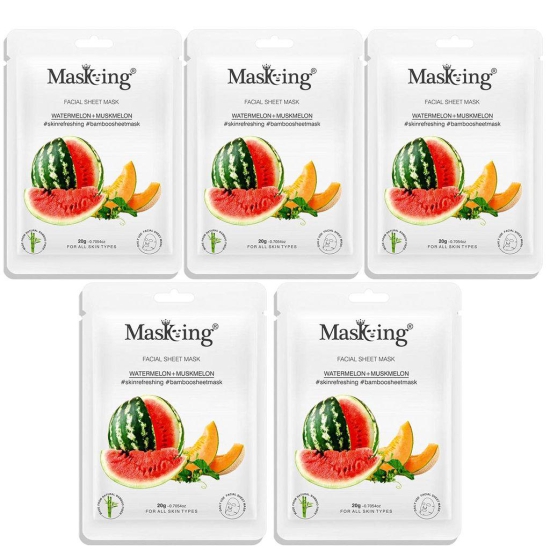 MasKing Bamboo Facial Sheet Mask of Watermelon & Muskmelon for Skin Refreshing Ideal for Women & Men, 20ml each (Pack of 5)