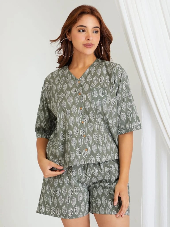 BREATHABLES Women Cotton Printed Loungewear Top and Shorts Co-ord Set 3/4 Sleeve V Neck Comfort Loose Fit Green I Night Wear | Co-ord set | Lounge Wear Set