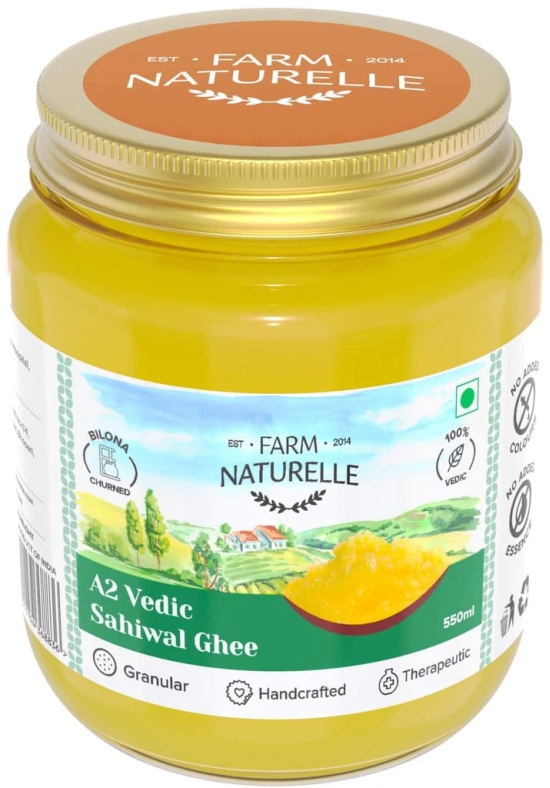 Farm Naturelle-A2 Desi Ghee Cow from Grass Fed Sahiwal Cows | Vedic Bilona Method-Curd Churned-Golden | Grainy & Aromatic, Keto Friendly, Non-GMO | Glass Jar- 500ml+50ml Extra and a Wooden Spoon.