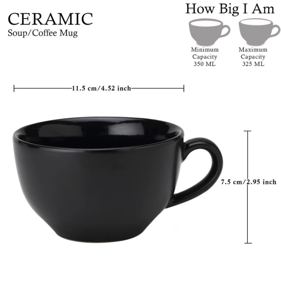 AADEEP Ceramic Soup and Coffee Wide Large Mug with Handle - Set of 1, 350 Ml Matte Finish | Bone Ash Free and Microwave Safe | for Maggi, Cappuccino, Latte, Green Tea - Black