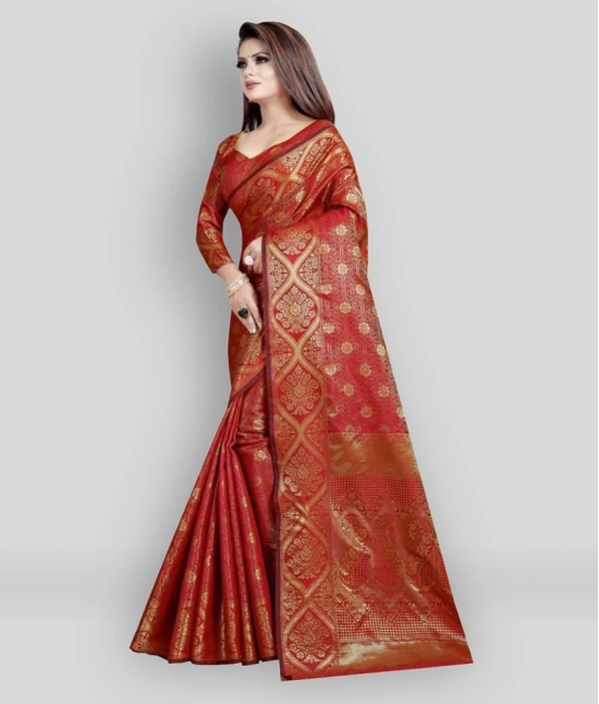 Gazal Fashions - Red Banarasi Silk Saree With Blouse Piece (Pack of 1)