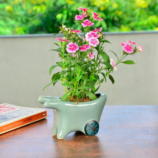 Handpainted Ceramic Pushing Cart Planter Pot (Green, L x B x H – 14 cm x 6 cm x 8 cm)