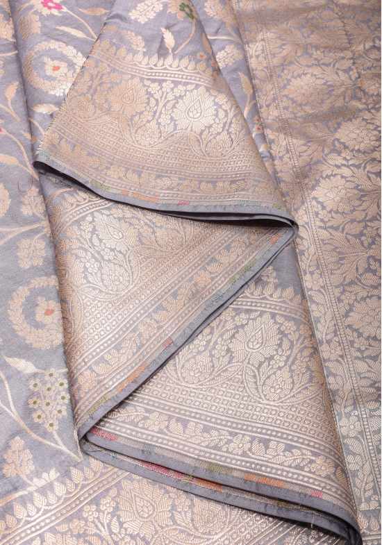 Gray Banarasi Meenakari Pure Katan Silk Saree with Floral Jaal Weave | SILK MARK CERTIFIED