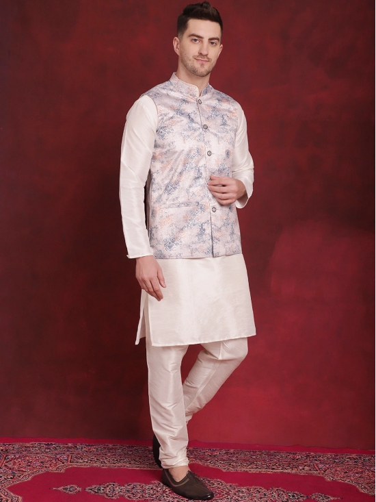 Silver Floral Printed Nehru Jacket With Kurta Pyjama Set-M / Silver