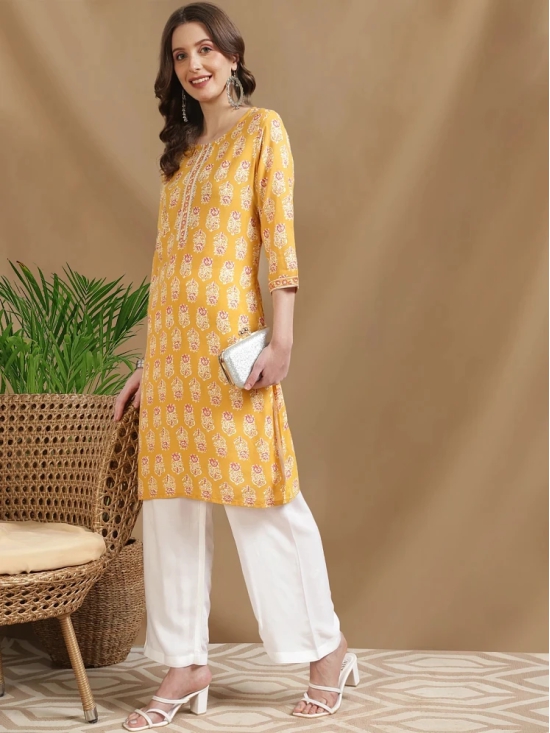 Rangita Women Yellow Rayon Printed Knee Length Straight Kurti - None