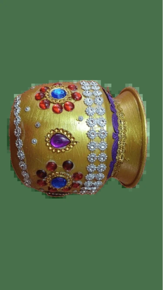 Gold-Plated Kalash with Stones and Beads for Pooja